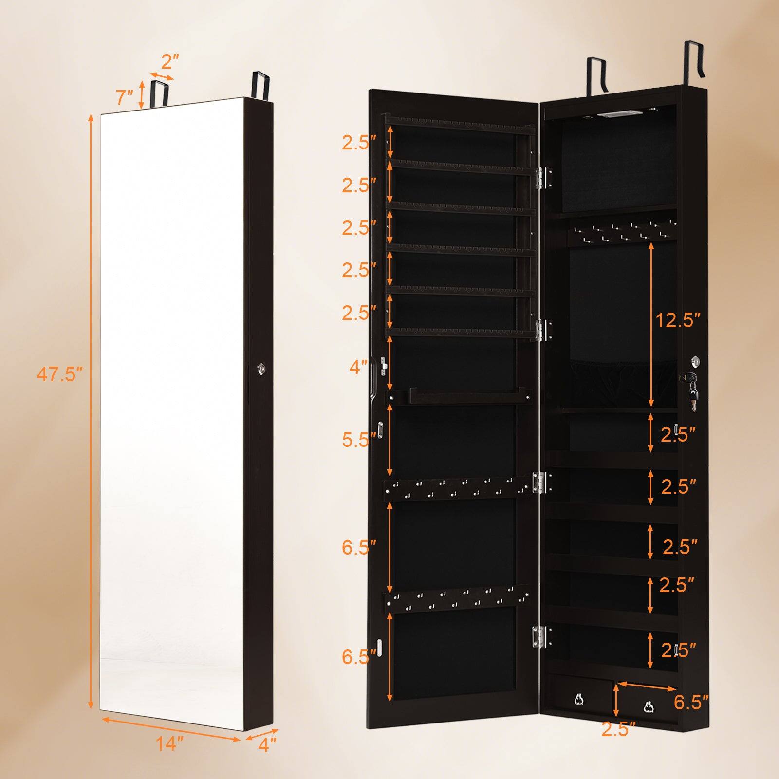 - 7"
- 2"
- 47.5"
- 14"
- 4"
- 12.5"
- 5.5"
- 6.5"
- 2.5" (repeated multiple times)
- 21.5"
- 6.5"
