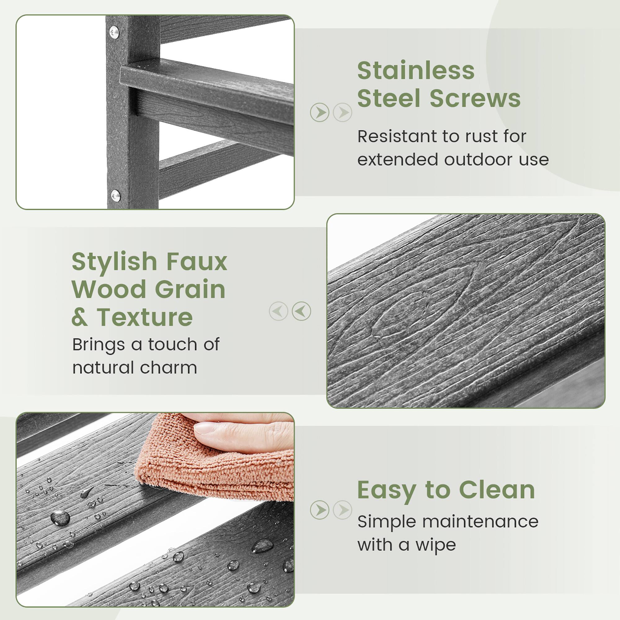 Stainless Steel Screws: Resistant to rust for extended outdoor use.

Stylish Faux Wood Grain & Texture: Brings a touch of natural charm.

Easy to Clean: Simple maintenance with a wipe.