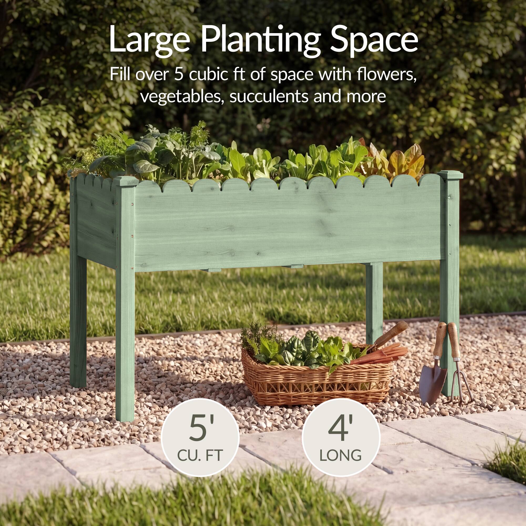 Large Planting Space  
Fill over 5 cubic ft of space with flowers, vegetables, succulents and more  
5' CU. FT  
4' LONG