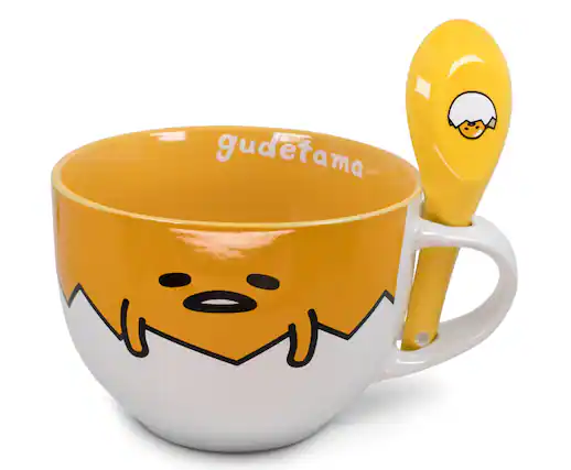 Front. Silver Buffalo - Sanrio Gudetama Ceramic Soup Mug With Spoon | Holds 24 Ounces - Orange.