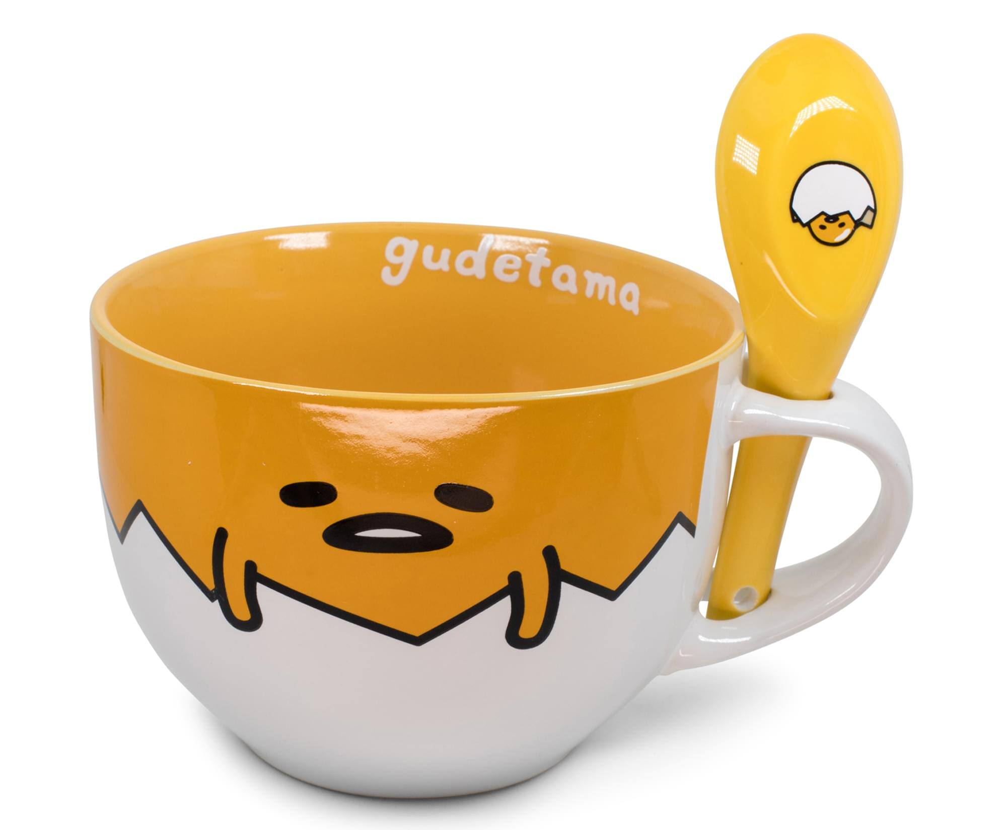 Front. Silver Buffalo - Sanrio Gudetama Ceramic Soup Mug With Spoon | Holds 24 Ounces - Orange.