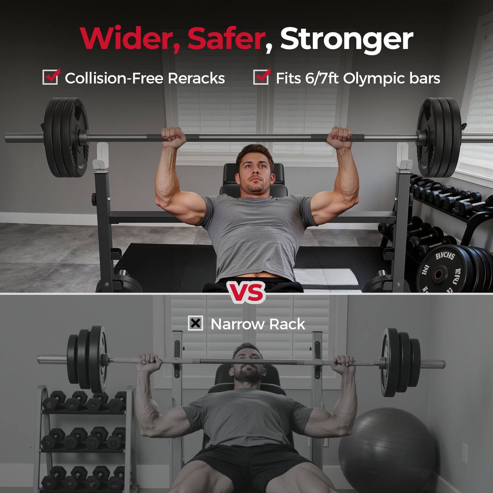 Wider, Safer, Stronger Collision-Free Reracks Fits 6/7ft Olympic bars

VS

Narrow Rack
