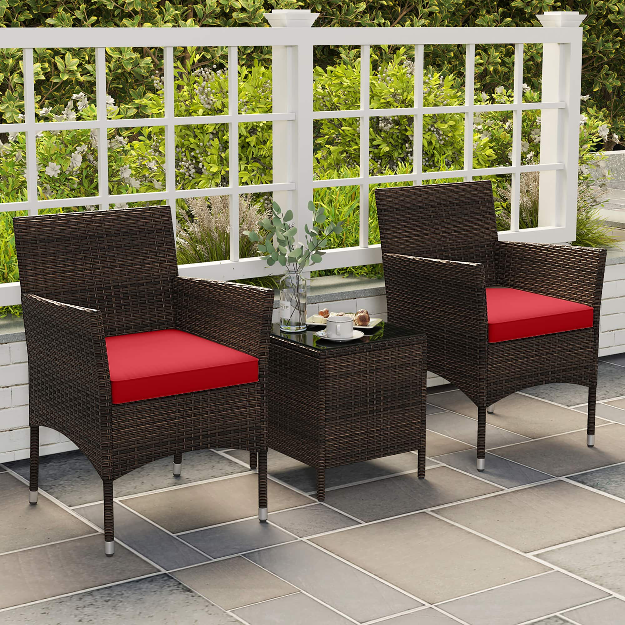 Gymax - 3 PCS Outdoor Conversation Set w/ Cushioned Seat & Tempered Glass Tabletop - Red