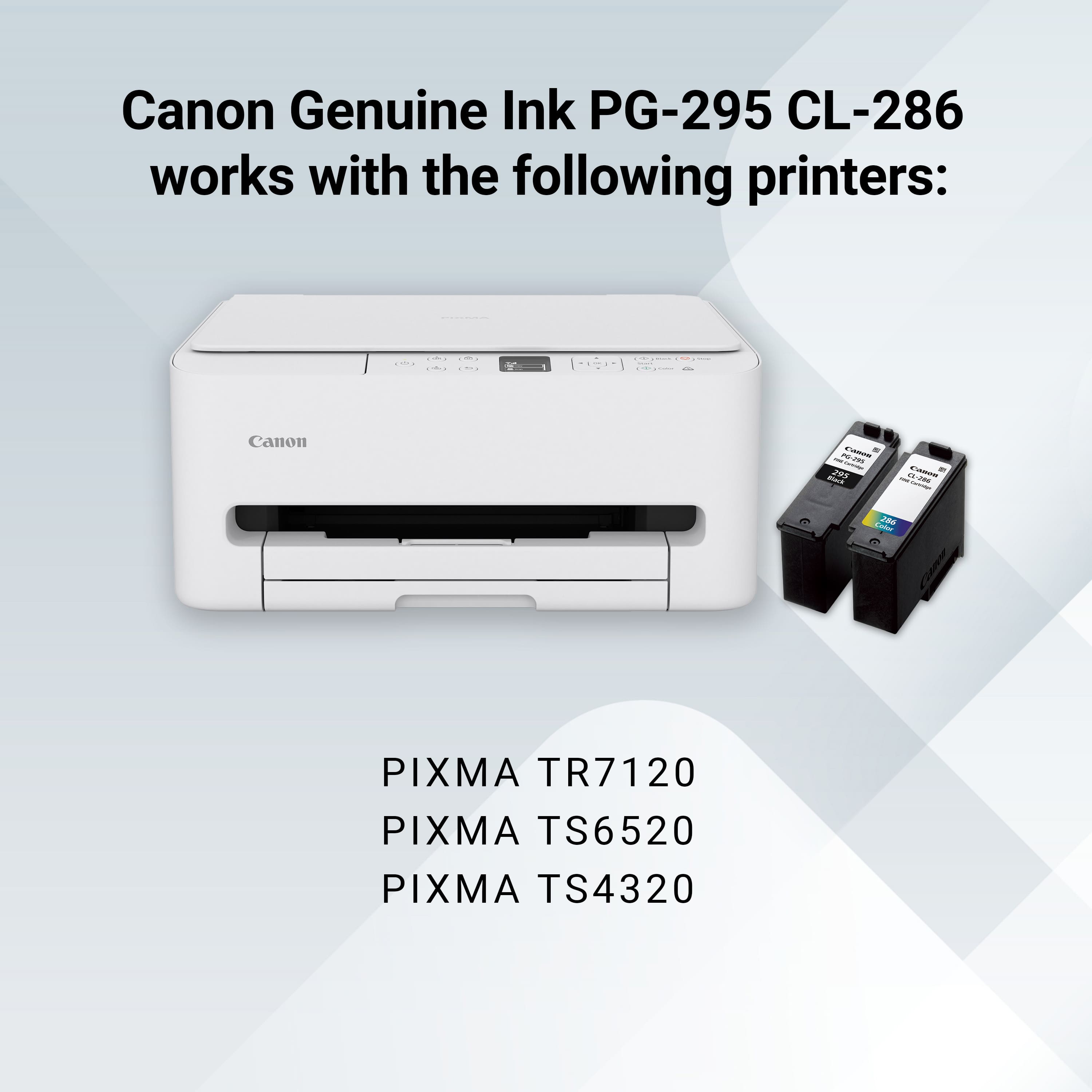 Canon Genuine Ink PG-295 CL-286 works with the following printers:
- PIXMA TR7120
- PIXMA TS6520
- PIXMA TS4320