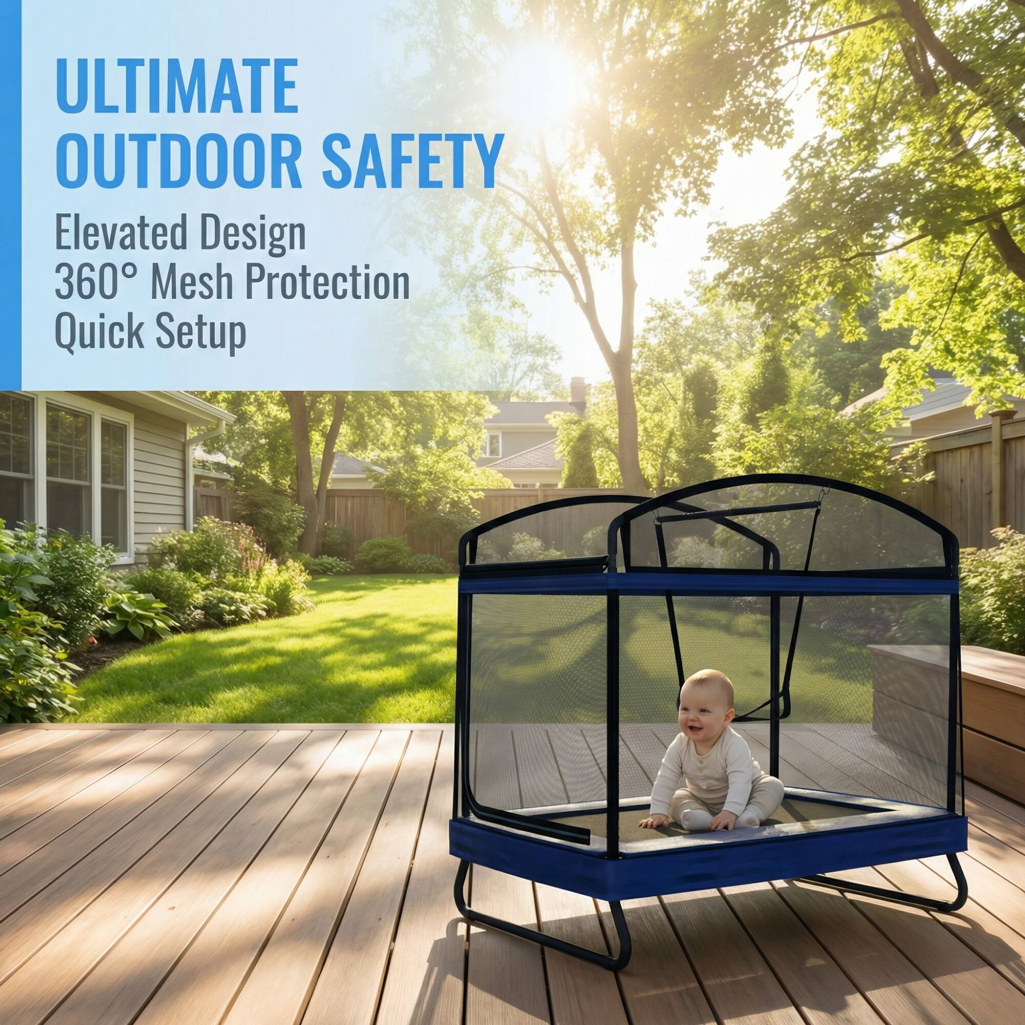 ULTIMATE OUTDOOR SAFETY  
Elevated Design  
360° Mesh Protection  
Quick Setup