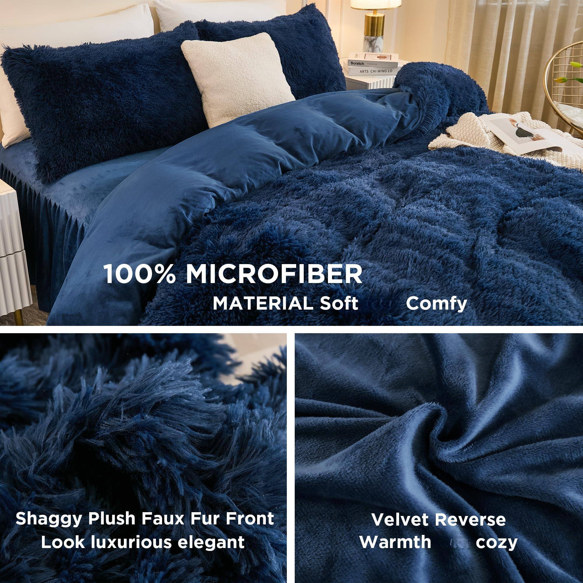 100% MICROFIBER MATERIAL  
Soft Comfy  

Shaggy Plush Faux Fur Front Look luxurious elegant  

Velvet Reverse Warmth cozy