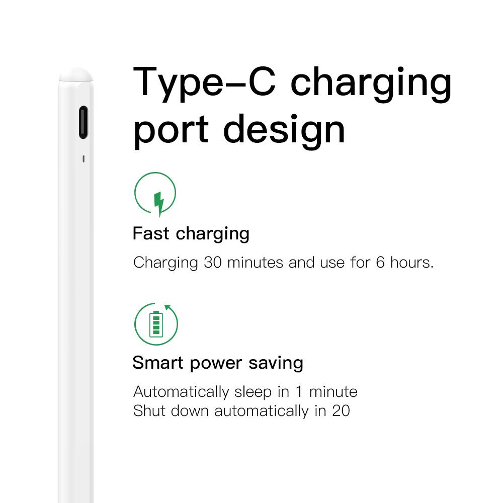 Type-C charging port design

Fast charging  
Charging 30 minutes and use for 6 hours.

Smart power saving  
Automatically sleep in 1 minute  
Shut down automatically in 20
