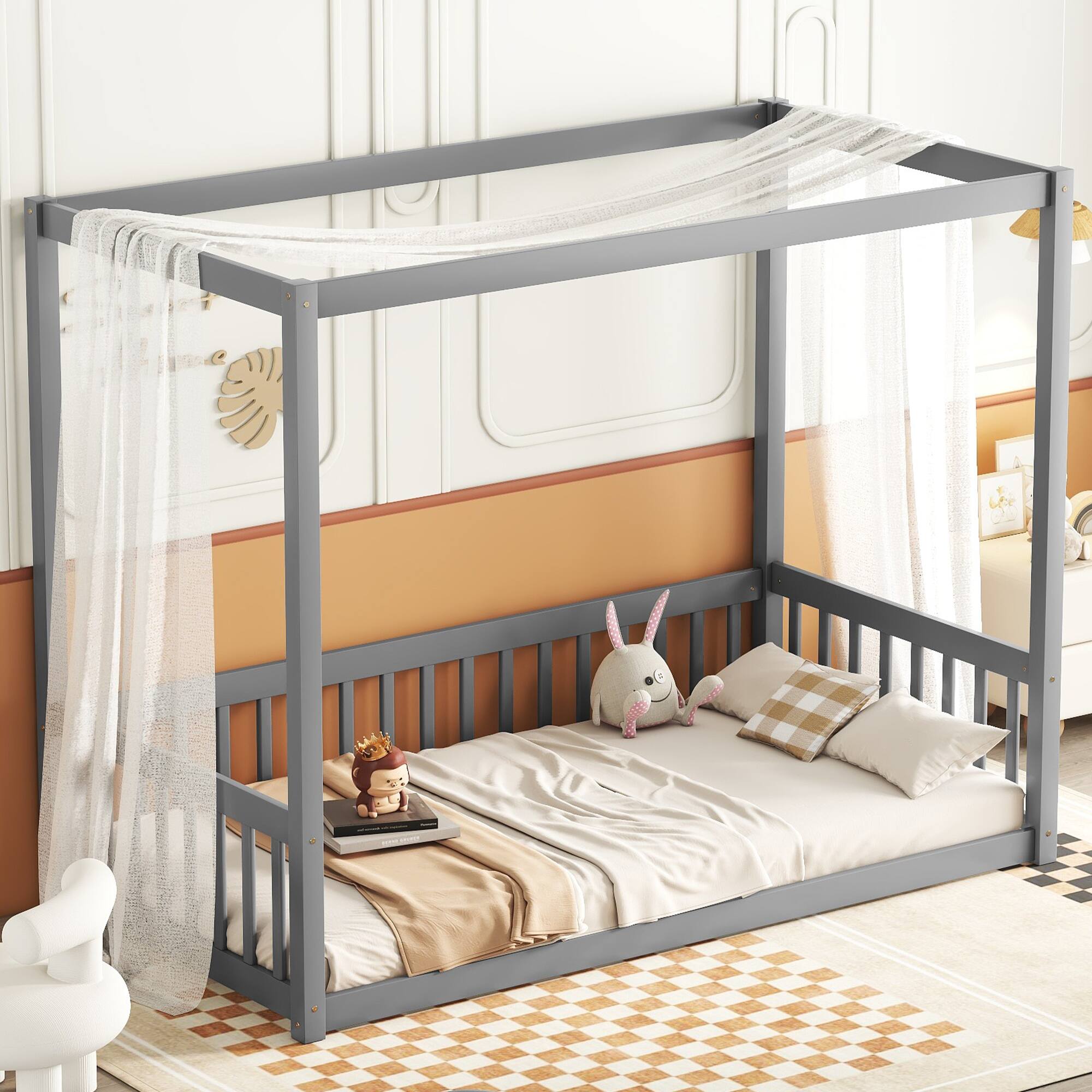 Left. Tiramisubest - Twin Size Canopy Frame Floor Bed with Fence, Guardrails,Grey - Grey.