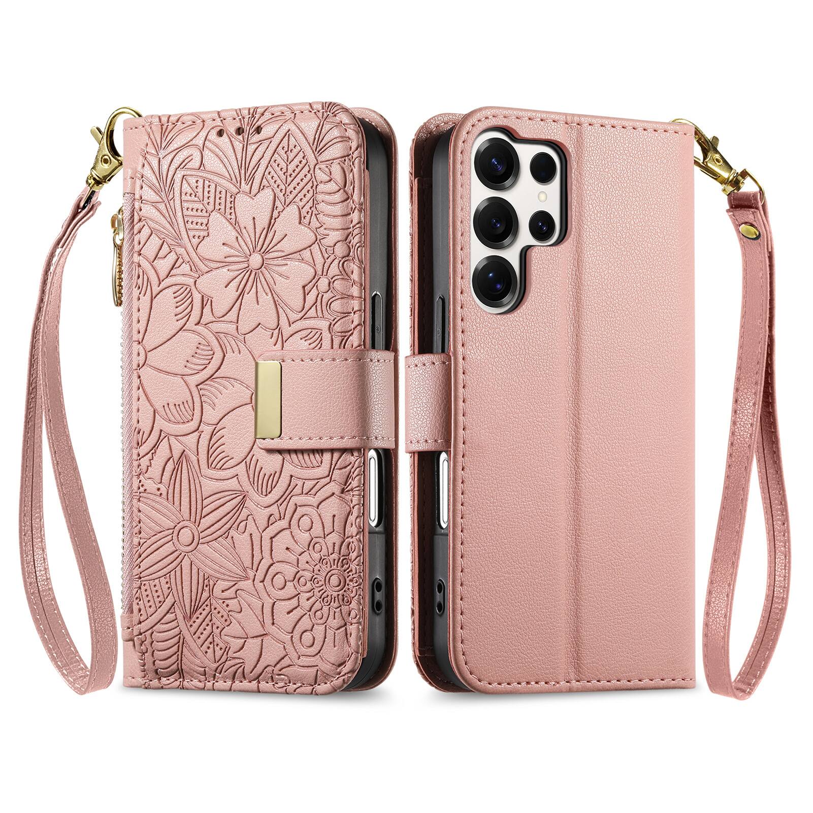 Angle. UUCOVER - Floral PU Leather Wallet Case for Samsung Galaxy S25 Ultra with Zipper Pocket, Cash Card Slot, Shoulder & Wrist Strap - Rosegold.