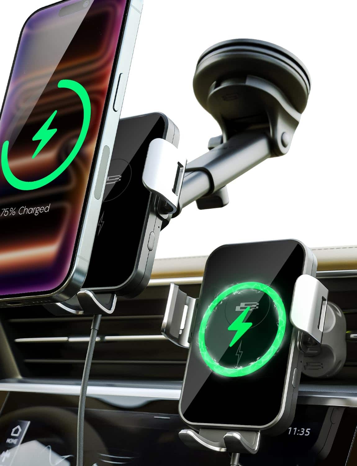 HM 1810 - Pwrup Auto 15w Qi Fast Wireless Charging Car Mount Dashboard Windshield Air Vent Cell Phone Cellphone Holder - Default