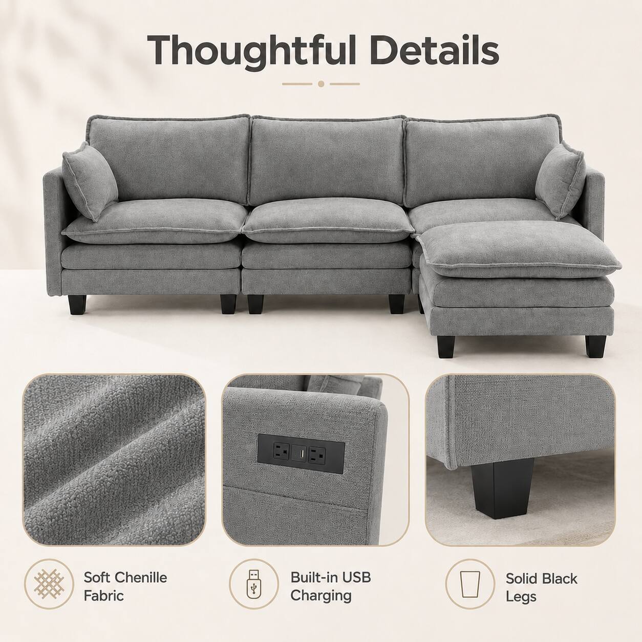Thoughtful Details

- Soft Chenille Fabric
- Built-in USB Charging
- Solid Black Legs