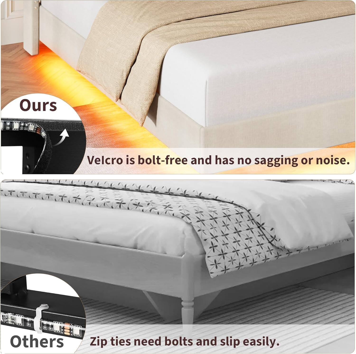 Ours: Velcro is bolt-free and has no sagging or noise.

Others: Zip ties need bolts and slip easily.