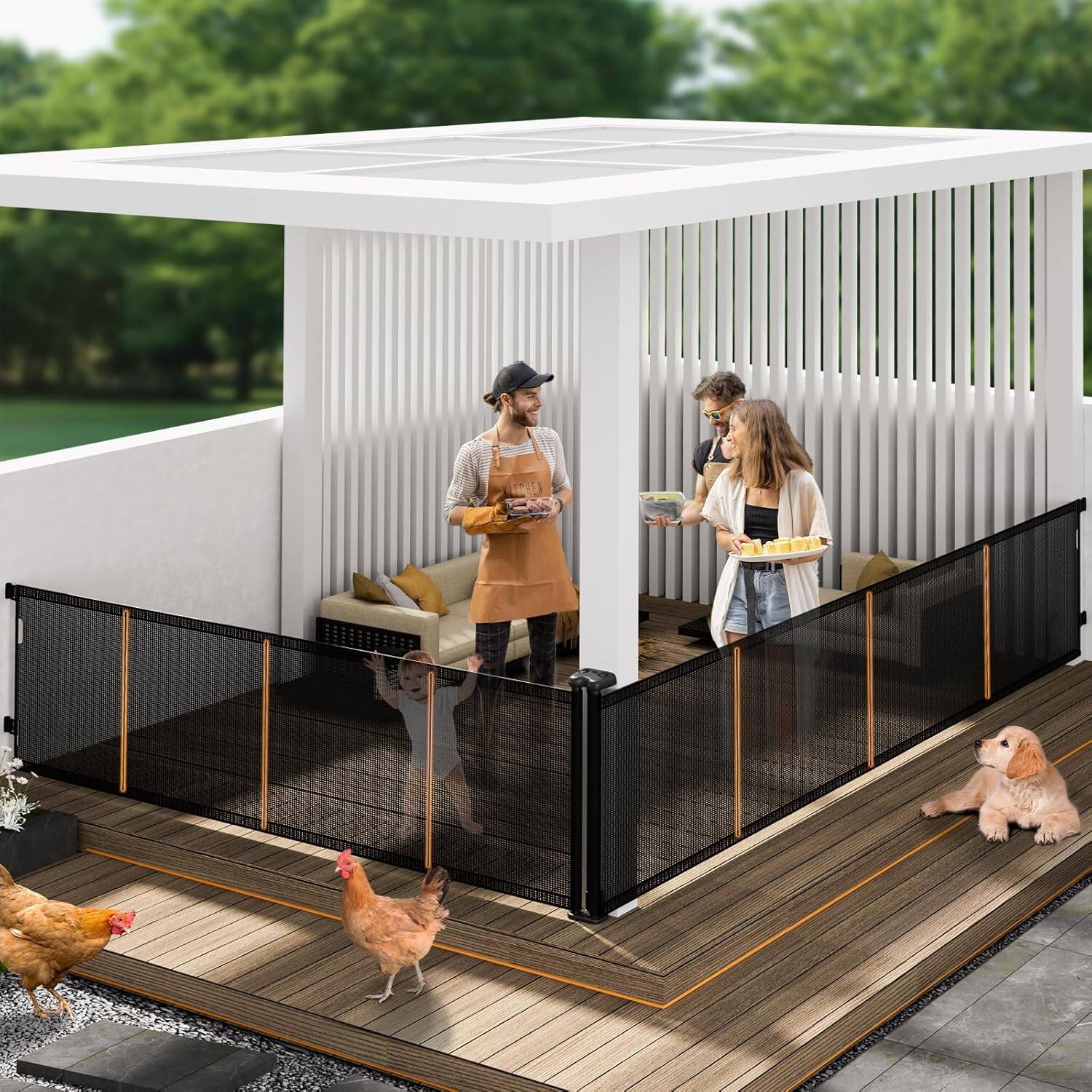 Front. Pawtners - 2-in-1 400" Retractable Baby Gate Extra Wide, 41" Tall Mesh Pet Gate with Cat Door for Indoor Outdoor Safety-Black - Black.