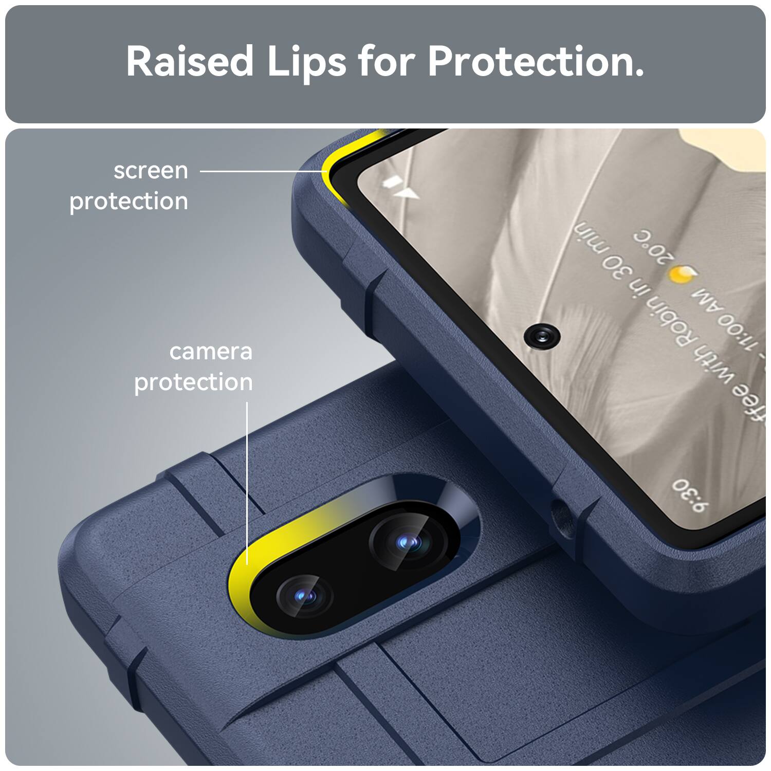 Raised Lips for Protection.  
screen protection  
camera protection  

min 20C  
30 in AM  
Robin 11:00  
ffee 9:30