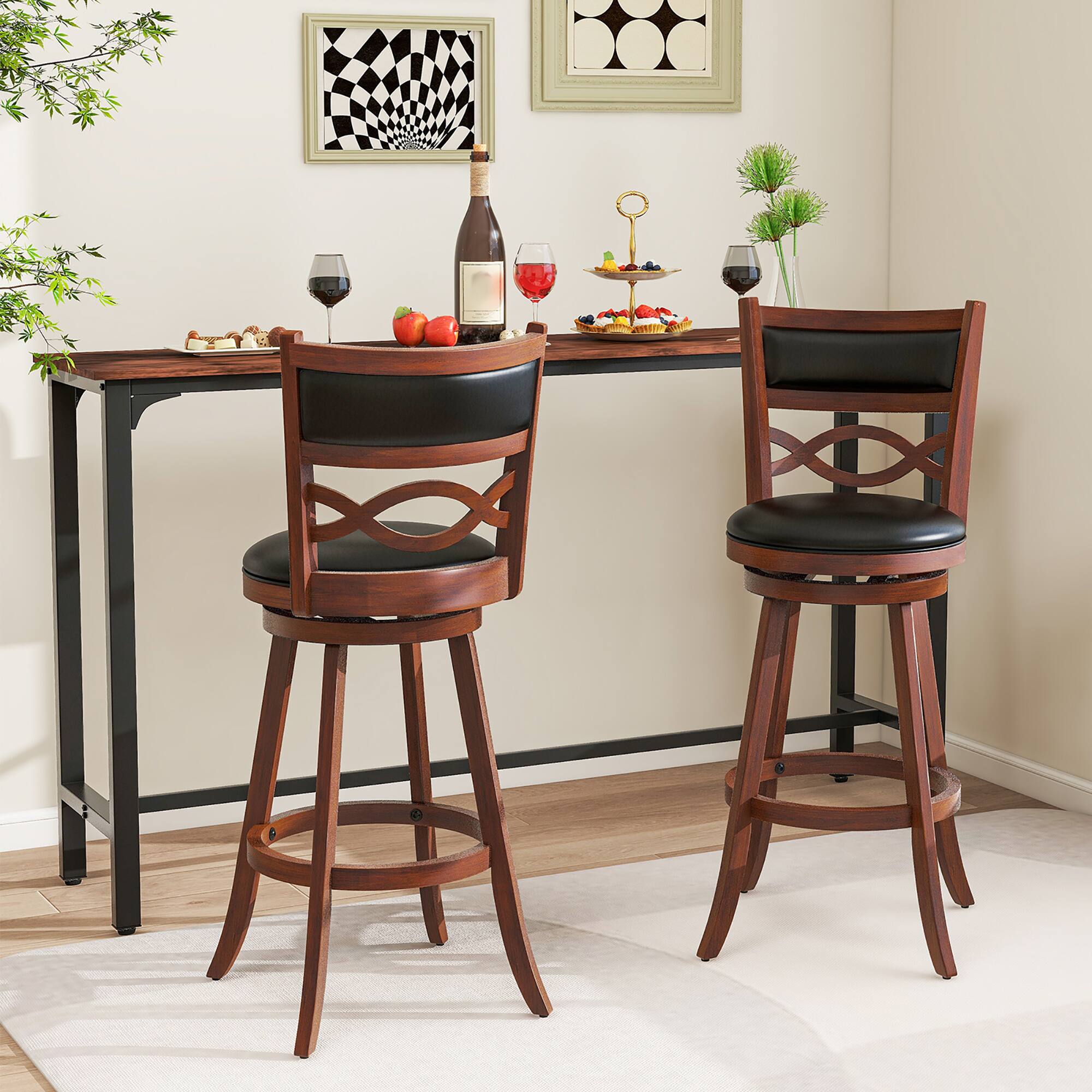 Alt View 3. Gymax - Gymax 29'' Bar Height Stools Set of 4 w/Rubber Wood Frame Faux Leather Upholstered Seat - Brown, Black.