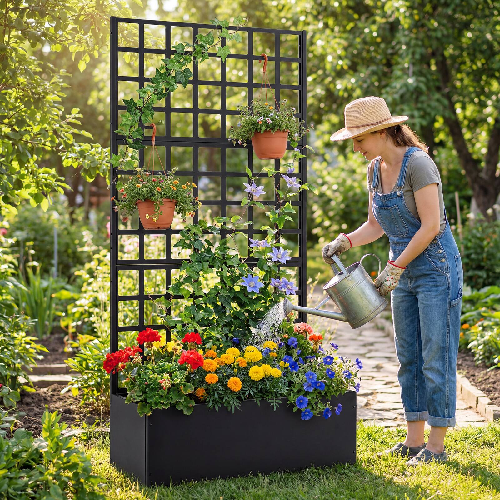 Alt View 4. Gymax - Gymax Metal Raised Garden Bed w/ Trellis Galvanized Planter Box w/ Drainage Holes - Black.