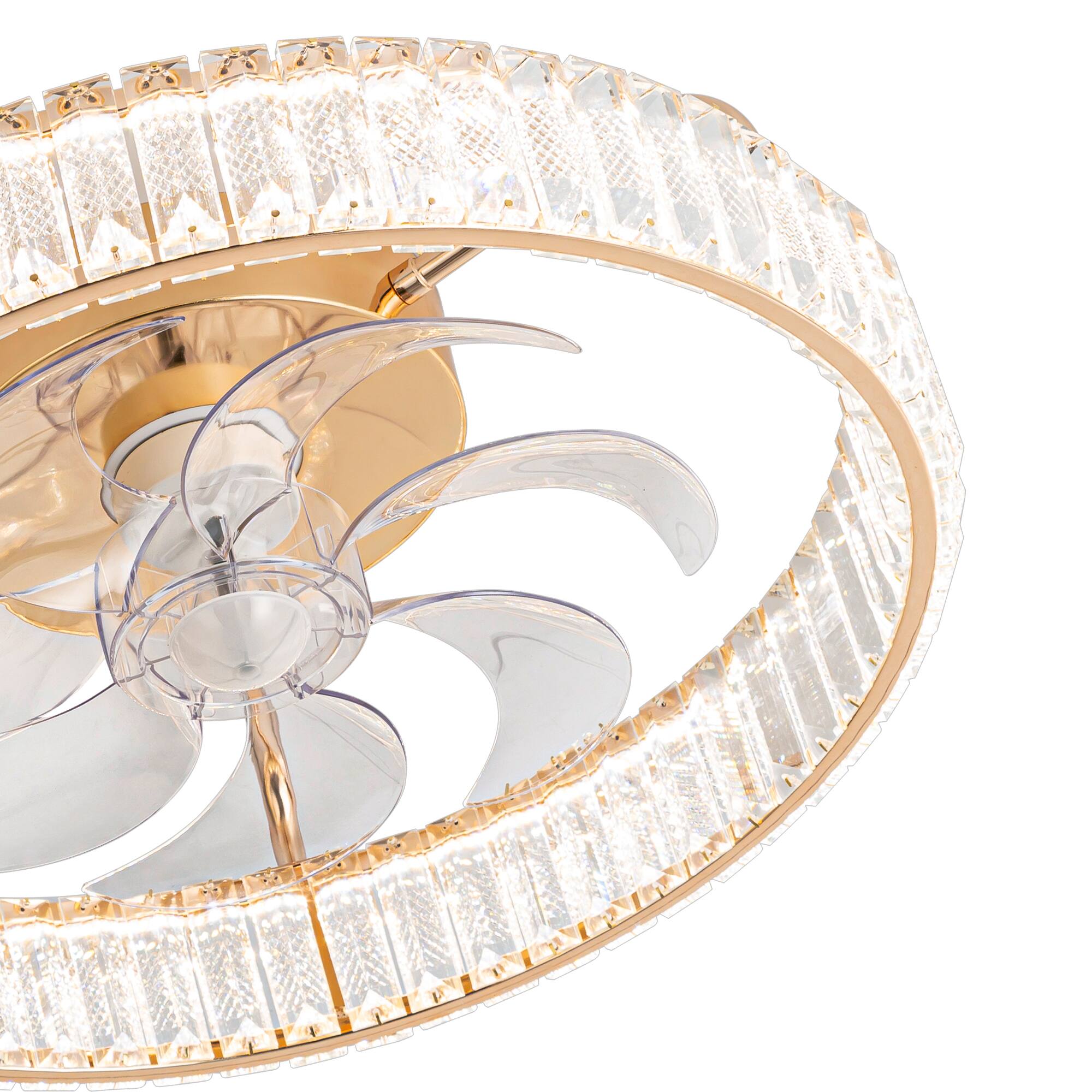 Alt View 10. Breezary - 20-Inch Modern Flush Mount Crystal Cage Fan with LED Light, Remote, 7 Transparent Blades, 6-Speed DC Motor - Golden.