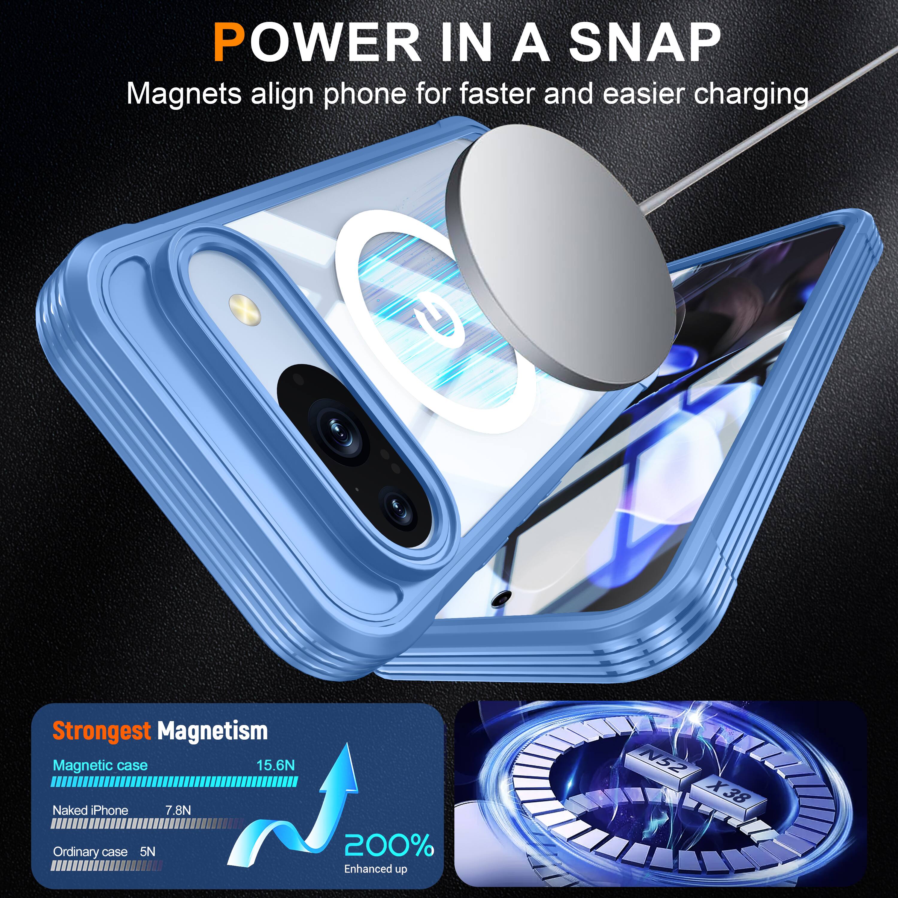 POWER IN A SNAP  
Magnets align phone for faster and easier charging  

Strongest Magnetism  
Magnetic case 15.6N  
Naked iPhone 7.8N  
Ordinary case 5N  

200% Enhanced up  
N52 X38