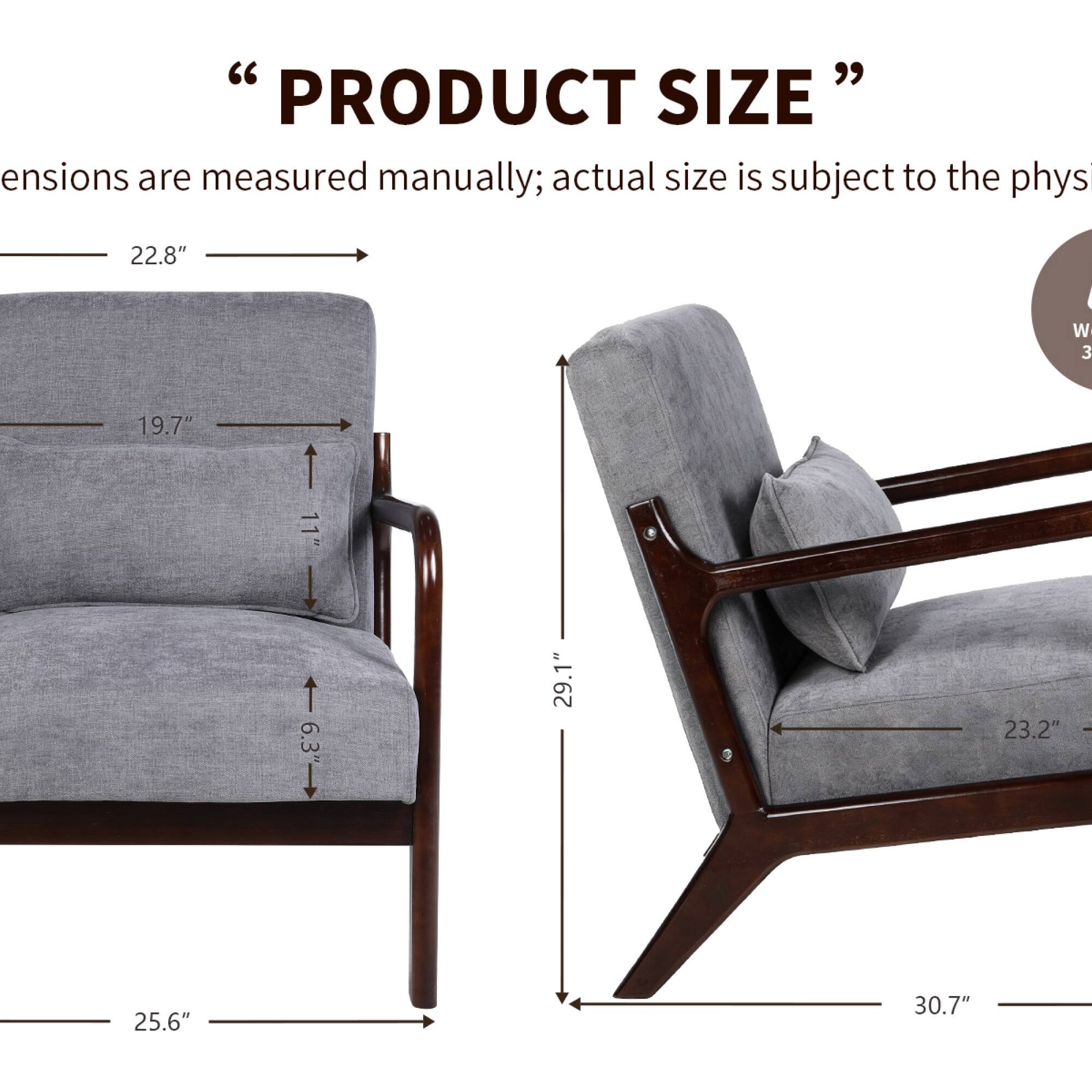 "PRODUCT SIZE"

Dimensions are measured manually; actual size is subject to the physical product.

- W 22.8"
- D 25.6"
- H 29.1"
- Seat Height 19.7"
- Armrest Height 6.3"
- Back Height 30.7"