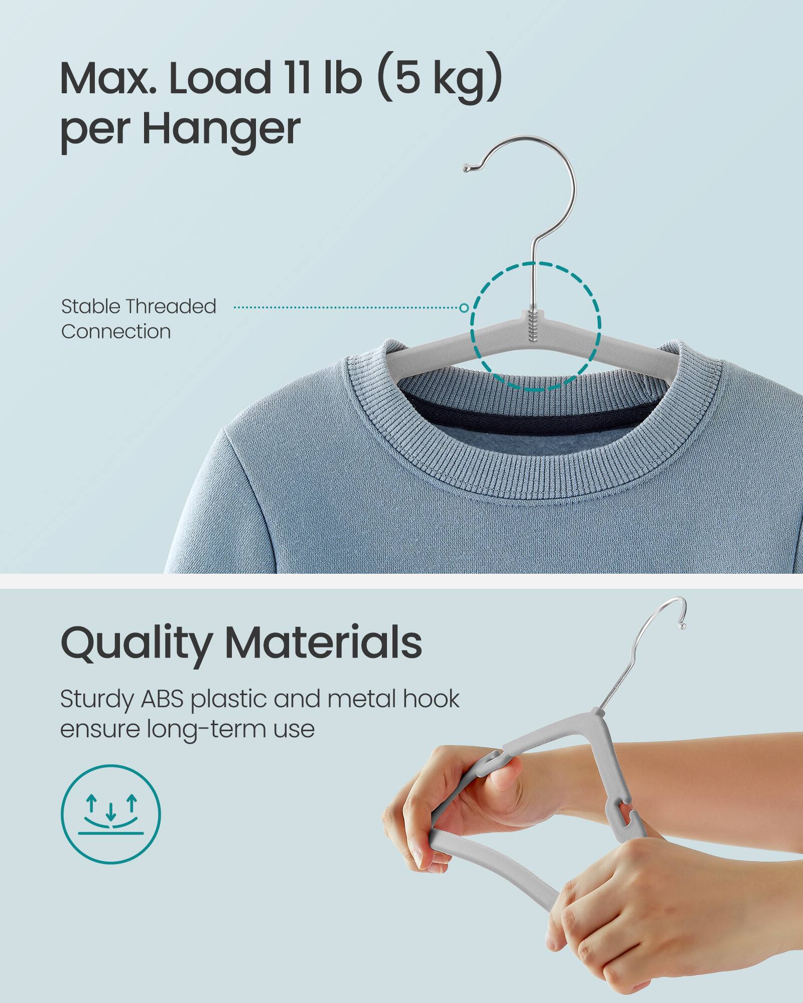 Max. Load 11 lb (5 kg) per Hanger

Stable Threaded Connection

Quality Materials
Sturdy ABS plastic and metal hook ensure long-term use
