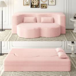 GOODSILO - Convertible Plush Corduroy Floor Sleeper Sofa with Dual Pillows for Living Room and Guest Use - Baby Pink