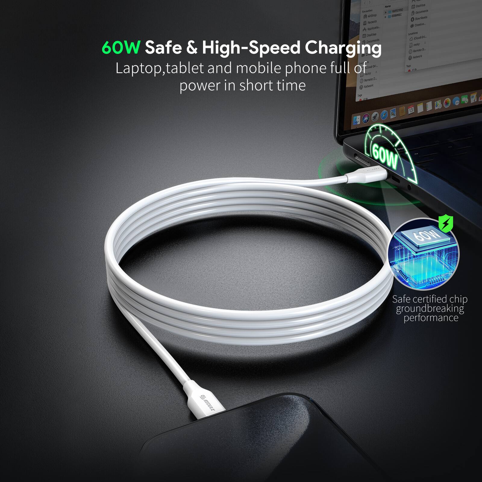 60W Safe & High-Speed Charging  
Laptop, tablet and mobile phone full of power in short time  

Safe certified chip groundbreaking performance