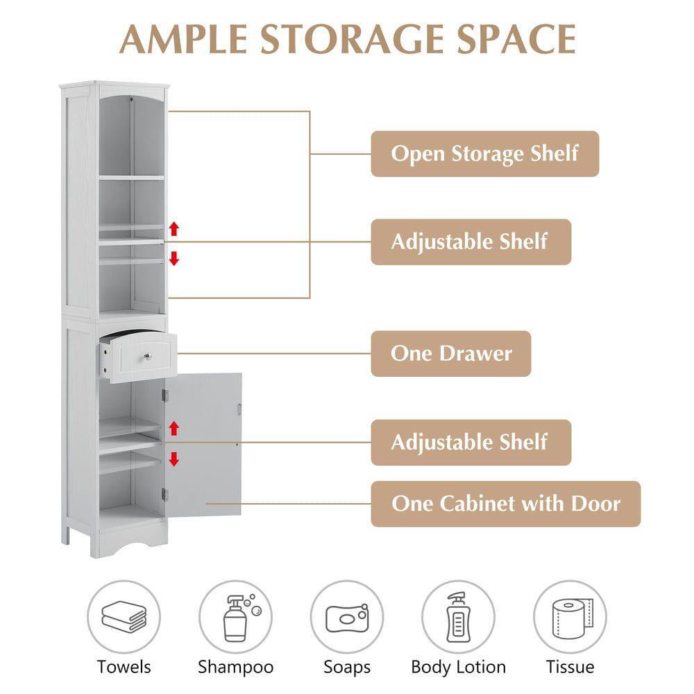 AMPLE STORAGE SPACE

- Open Storage Shelf
- Adjustable Shelf
- One Drawer
- Adjustable Shelf
- One Cabinet with Door

Towels, Shampoo, Soaps, Body Lotion, Tissue