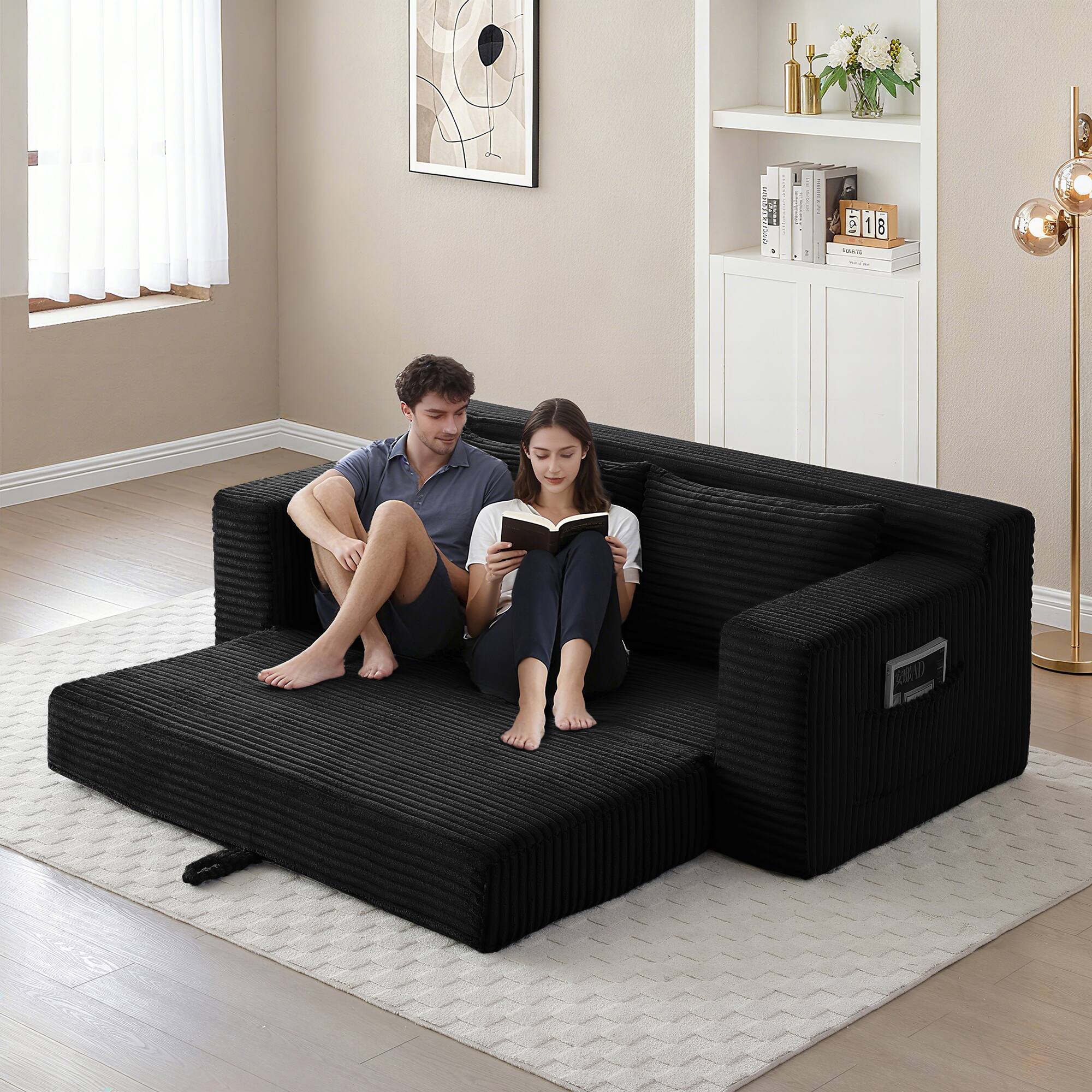 Angle. Trinkets Crazed - Memory Foam Cloud Loveseat Sofa,2 in 1 Convertible Folding Couch Bed,No Assembly Compressed Corduroy Floor Lounge Sofa - Black.
