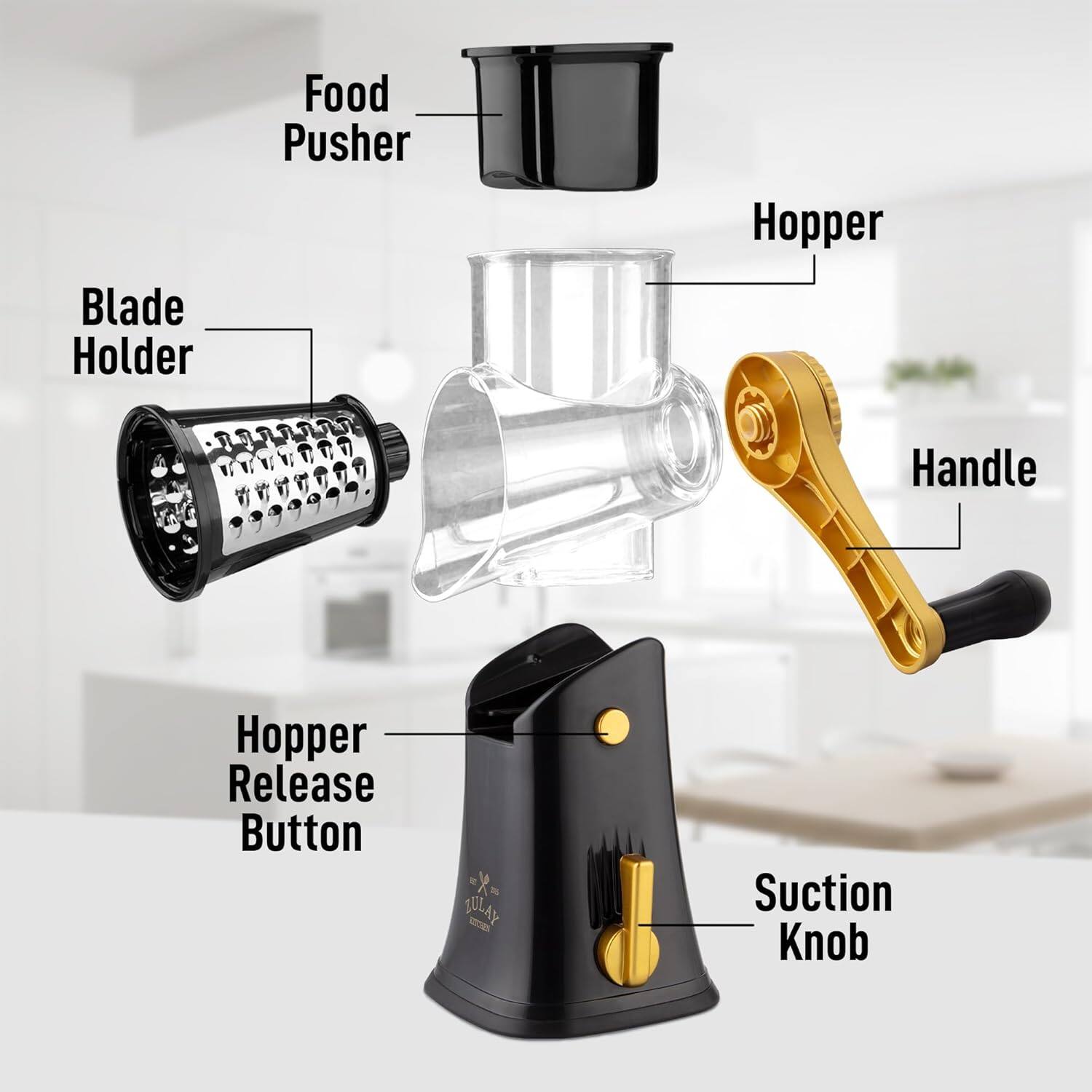 Blade Holder  
Food Pusher  
Hopper  
Handle  
Hopper Release Button  
Suction Knob