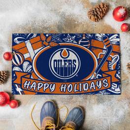 Evergreen Enterprises - Edmonton Oilers 28" x 16" Happy Holidays Christmas Turf Door Mat - Multicolor