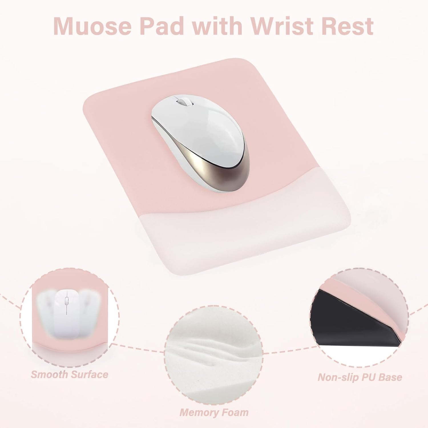 Muose Pad with Wrist Rest  
Smooth Surface  
Non-slip PU Base  
Memory Foam