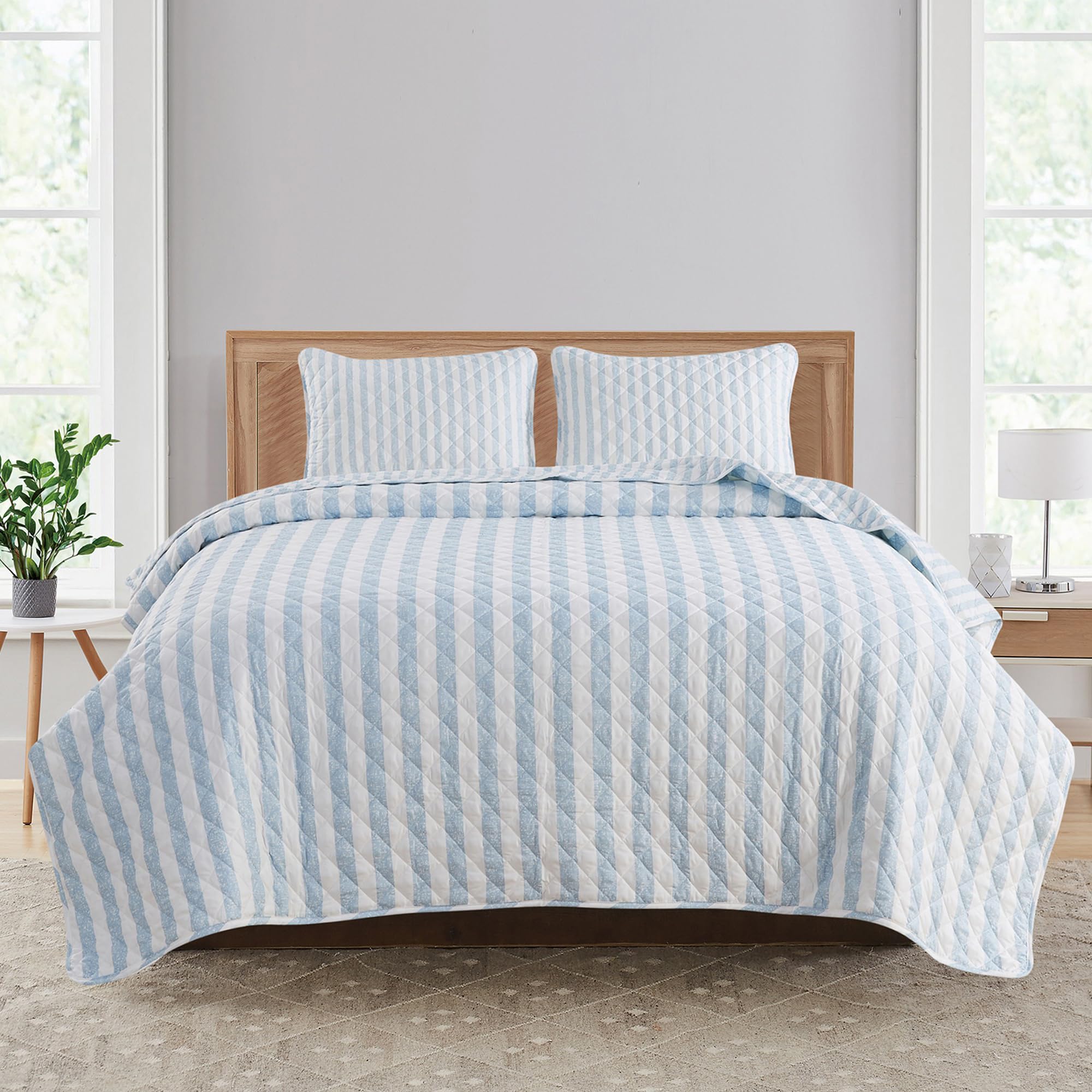 PO3TICJUNKI3 - 3 Piece Reversible Quilt Set With Shams Allseason Soft Lightweight Bedspread Modern Striped Pattern Elise - Avery - Blue-King