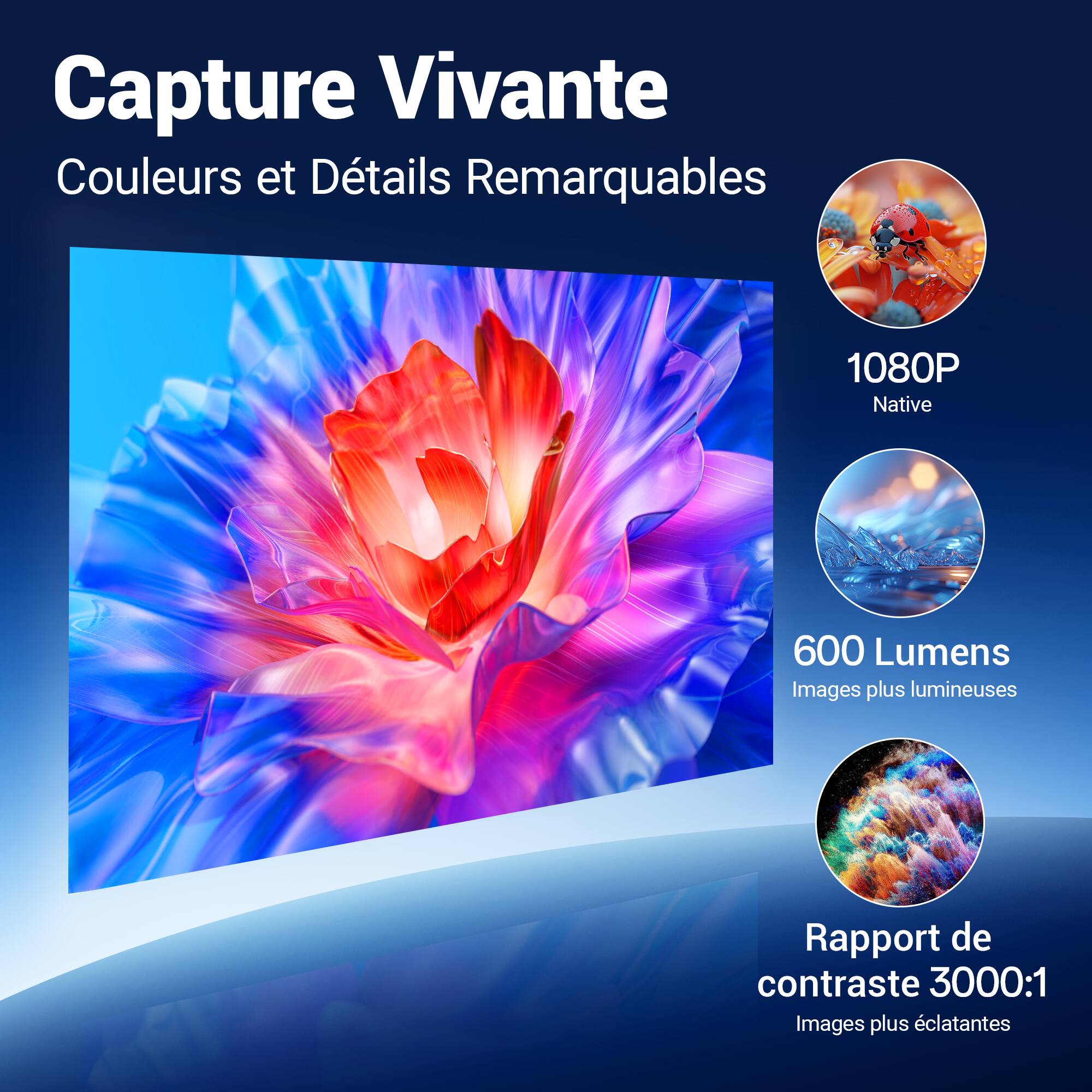 Capture Vivante  
Couleurs et Détails Remarquables  

1080P Native  

600 Lumens  
Images plus lumineuses  

Rapport de contraste 3000:1  
Images plus éclatantes