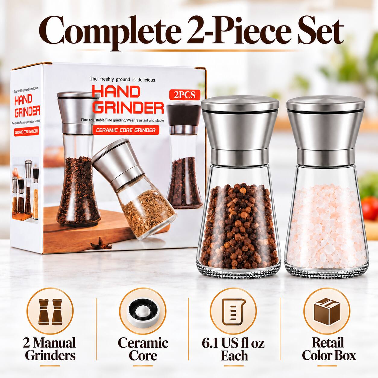 Complete 2-Piece Set

The freshly ground is delicious HAND GRINDER
2PCS
Fine adjustable/Fine grinding/Wear resistant and stable CERAMIC CORE GRINDER

2 Manual Grinders
Ceramic Core
6.1 US fl oz Each
Retail Color Box