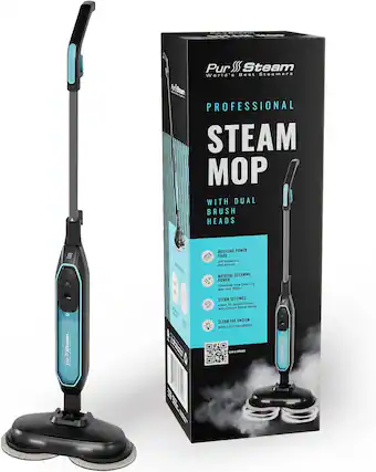 Pur SSS Steam World's Best Steamers Professional Steam Mop with dual brush heads. Rotating power pads 200 rotations per minute. Natural cleaning power. Chemical-free cleaning with distilled water. Steam settings. Clean all sealed floors with chosen power mode. Clean the unseen with LED headlights.