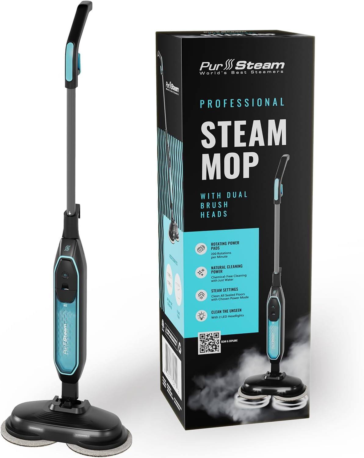 PurSteam - ScrubMaster Steam Mop with Dual Scrubbing Head, LED Headlights, Steam Control, Anti-Slip Swivel Head, Cable Holder - Black