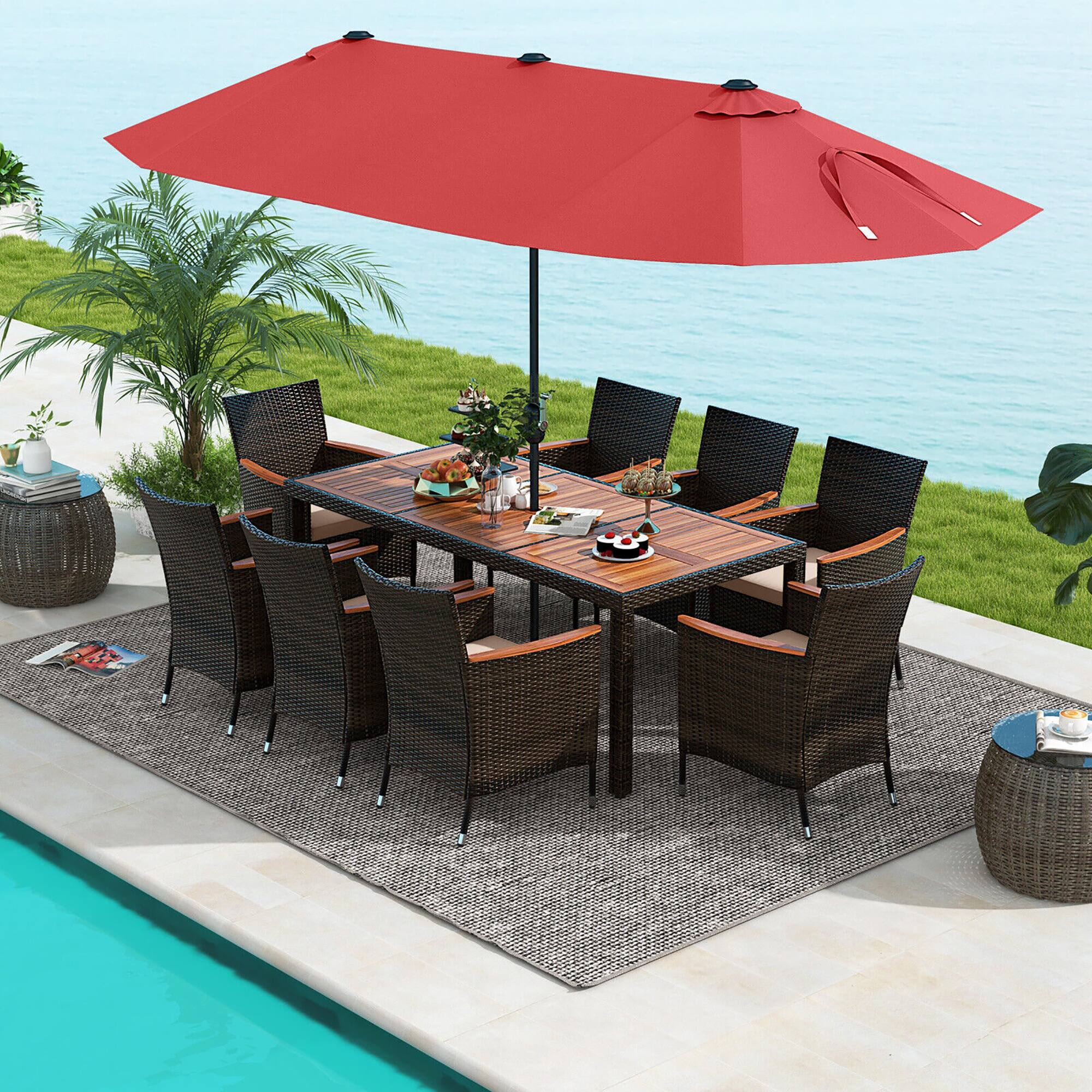 Alt View 3. Gymax - Gymax 9 Piece Patio Wicker Dining Set w/ Double-Sided Patio Wine Umbrella Stackable Chairs - Beige, Mix Brown, Wine.