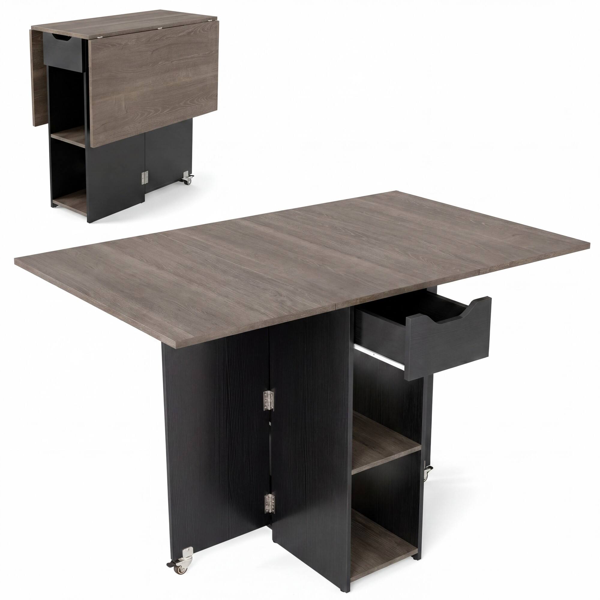 Alt View 8. Costway - Costway Folding Dining Table for 2-4 with 2 Open Shelves Drawer 2 Lockable Universal Wheels - Gray Oak+Black.