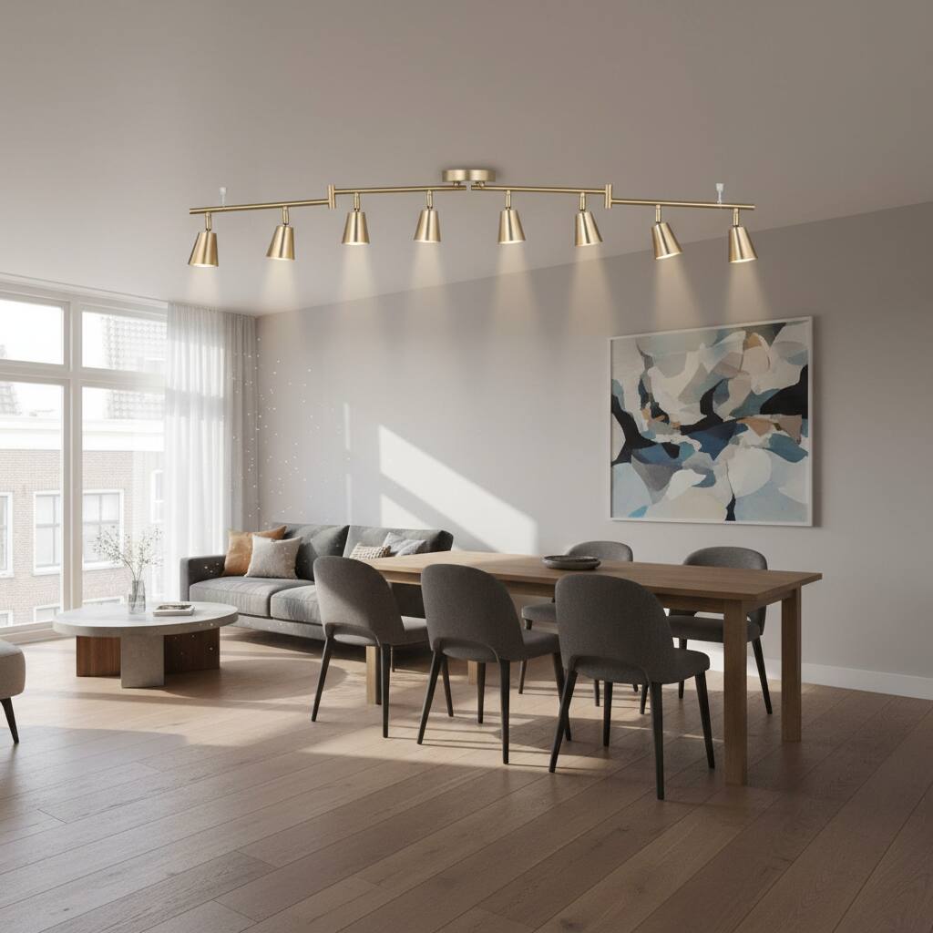 Angle. Dazzed Corner - 8-Light LED Track Kit, Matte Brass, Adjustable Spotlight - Matte Brass.