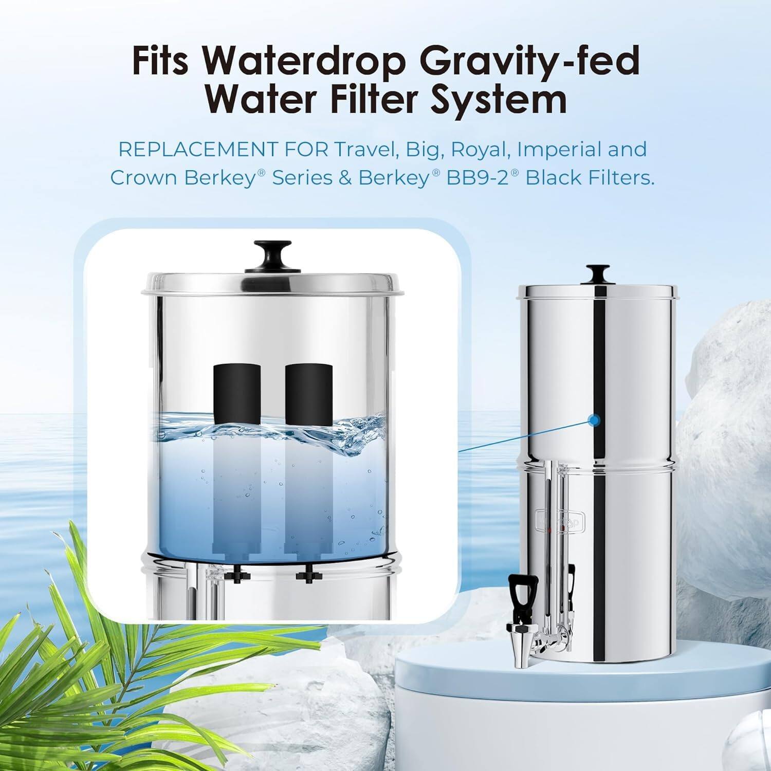 Fits Waterdrop Gravity-fed Water Filter System  
REPLACEMENT FOR Travel, Big, Royal, Imperial and Crown Berkey® Series & Berkey® BB9-2® Black Filters.