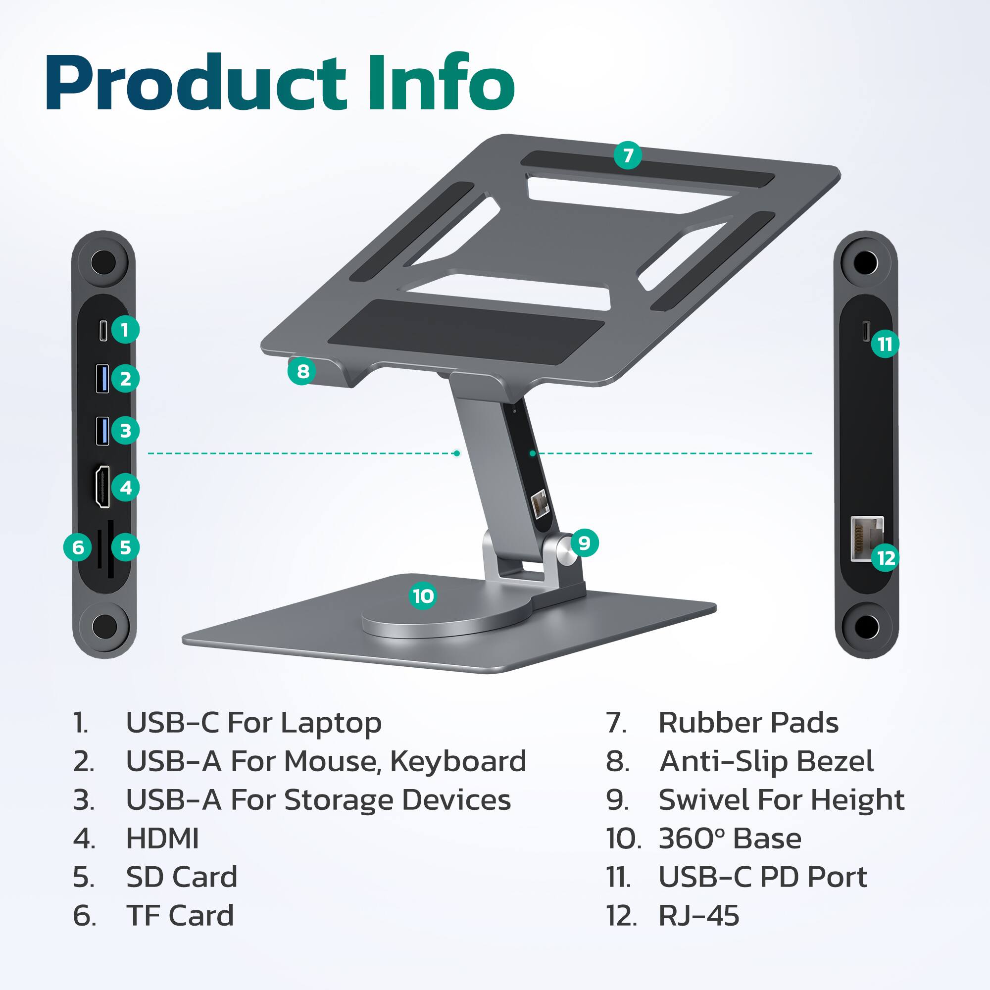 Product Info

1. USB-C For Laptop  
2. USB-A For Mouse, Keyboard  
3. USB-A For Storage Devices  
4. HDMI  
5. SD Card  
6. TF Card  
7. Rubber Pads  
8. Anti-Slip Bezel  
9. Swivel For Height  
10. 360° Base  
11. USB-C PD Port  
12. RJ-45