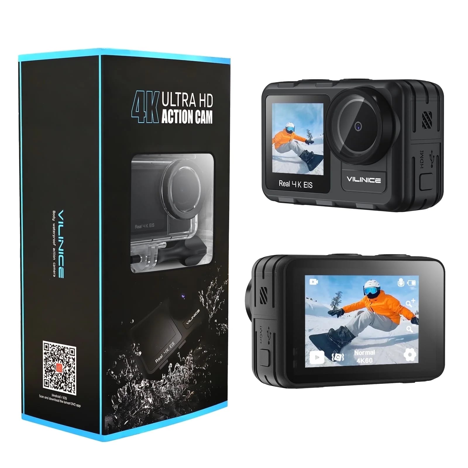 VILINICE - Action Camera ,4K UHD+1080P, 2" Touch Screen, 170° ultra wide-angle lens,Waterproof up to 98.4feet