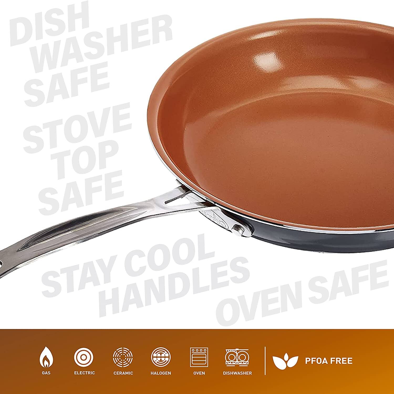 DISH WASHER SAFE  
STOVE TOP SAFE  
STAY COOL HANDLES  
OVEN SAFE  

GAS  
ELECTRIC  
CERAMIC  
HALOGEN  
OVEN  
DISHWASHER  

PFOA FREE