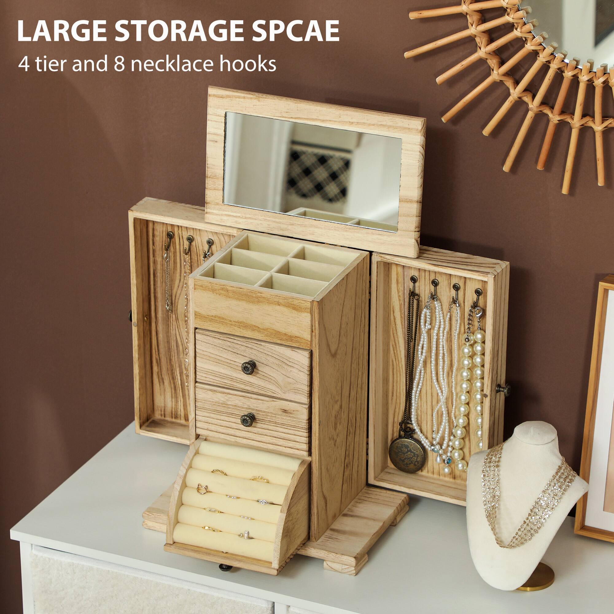 LARGE STORAGE SPACE 4 tier and 8 necklace hooks
