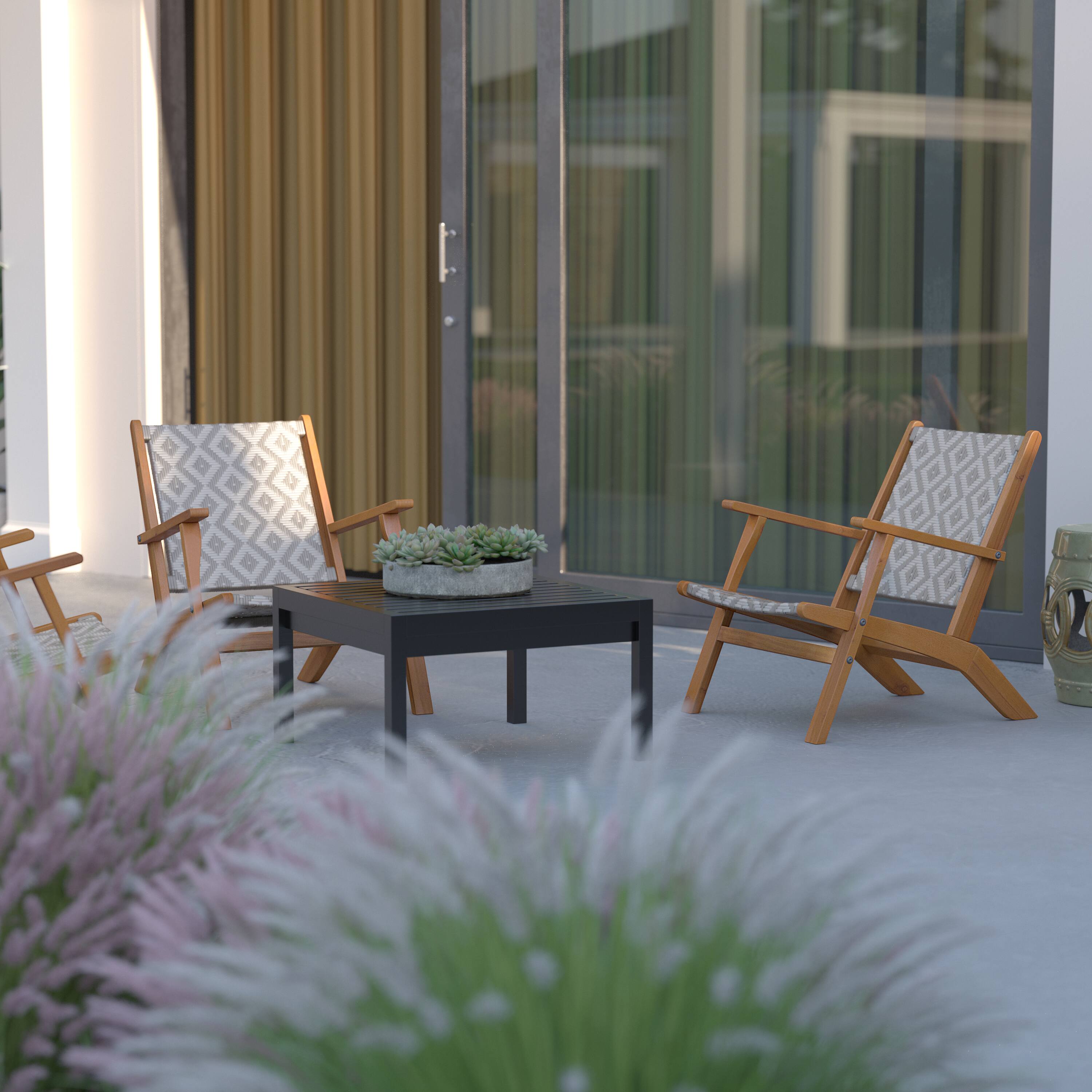 Angle. Balkene Home - Vega Natural Stain Outdoor Chair All Weather Wicker Outdoor Chair Acacia Wood Construction Mid Century Design - Gray & white.