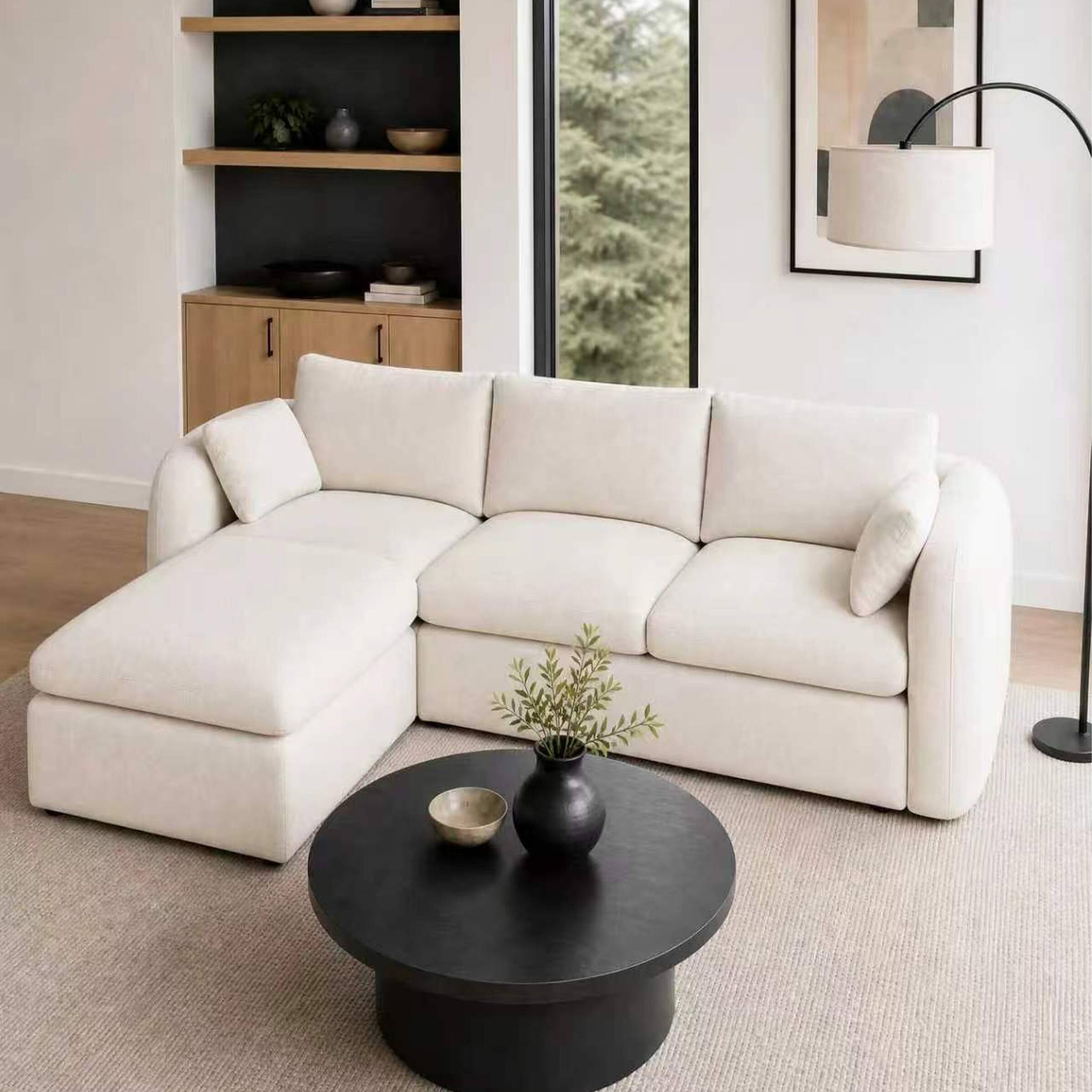 Left. Anysun - Fully Sponge Compressed Sectional Sofa – High Resilience Foam Couch in White Chenille Fabric, Modular L-Shaped Sofa - Milk White.