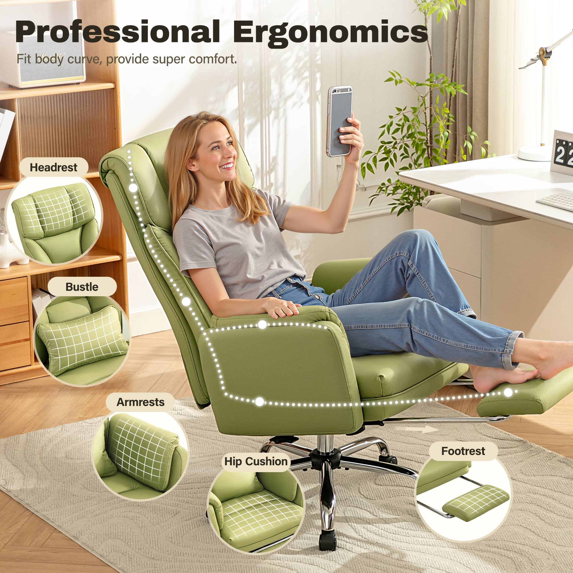 Professional Ergonomics  
Fit body curve, provide super comfort.  

- Headrest  
- Bustle  
- Armrests  
- Hip Cushion  
- Footrest