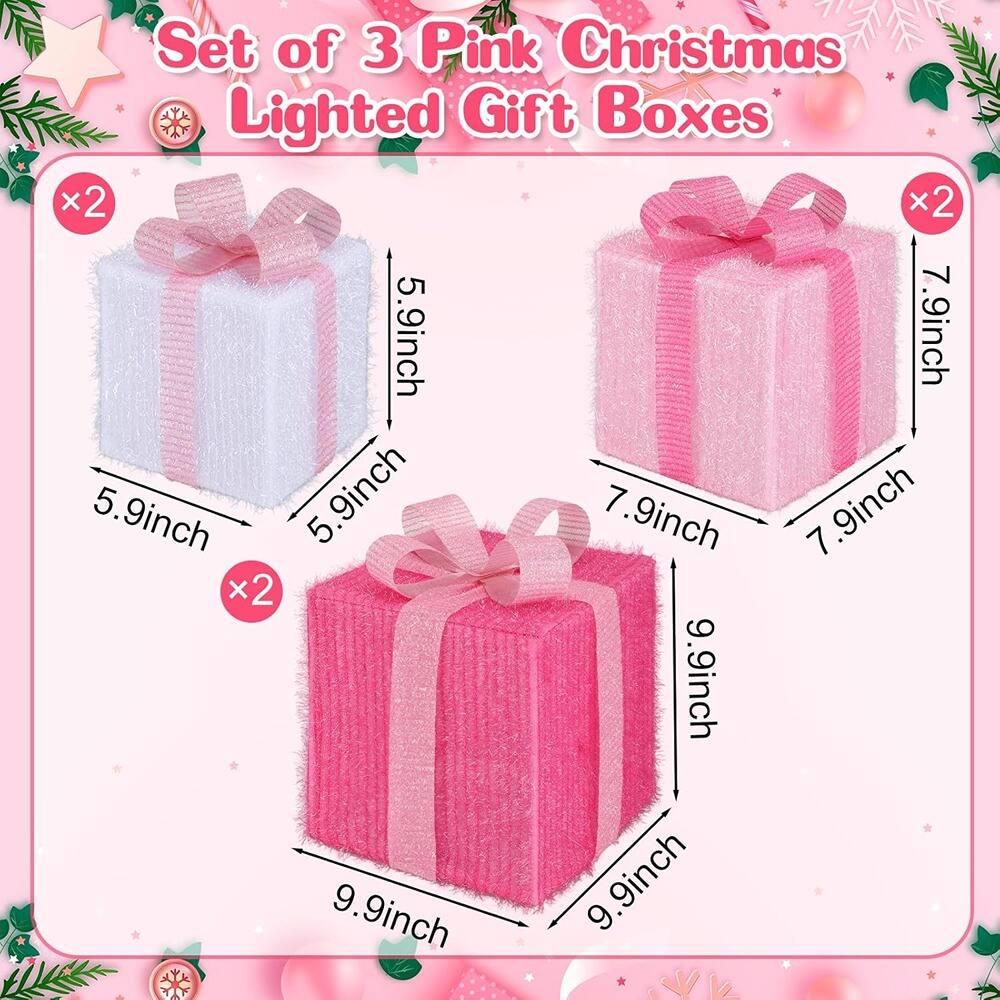 Set of 3 Pink Christmas Lighted Gift Boxes

- 2 x 5.9 inch x 5.9 inch x 5.9 inch
- 2 x 7.9 inch x 7.9 inch x 7.9 inch
- 2 x 9.9 inch x 9.9 inch x 9.9 inch