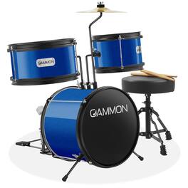 Gammon Percussion - 3pc Junior Drum Set - Beginner Kit with Throne - Cymbal - Drumsticks - Blue
