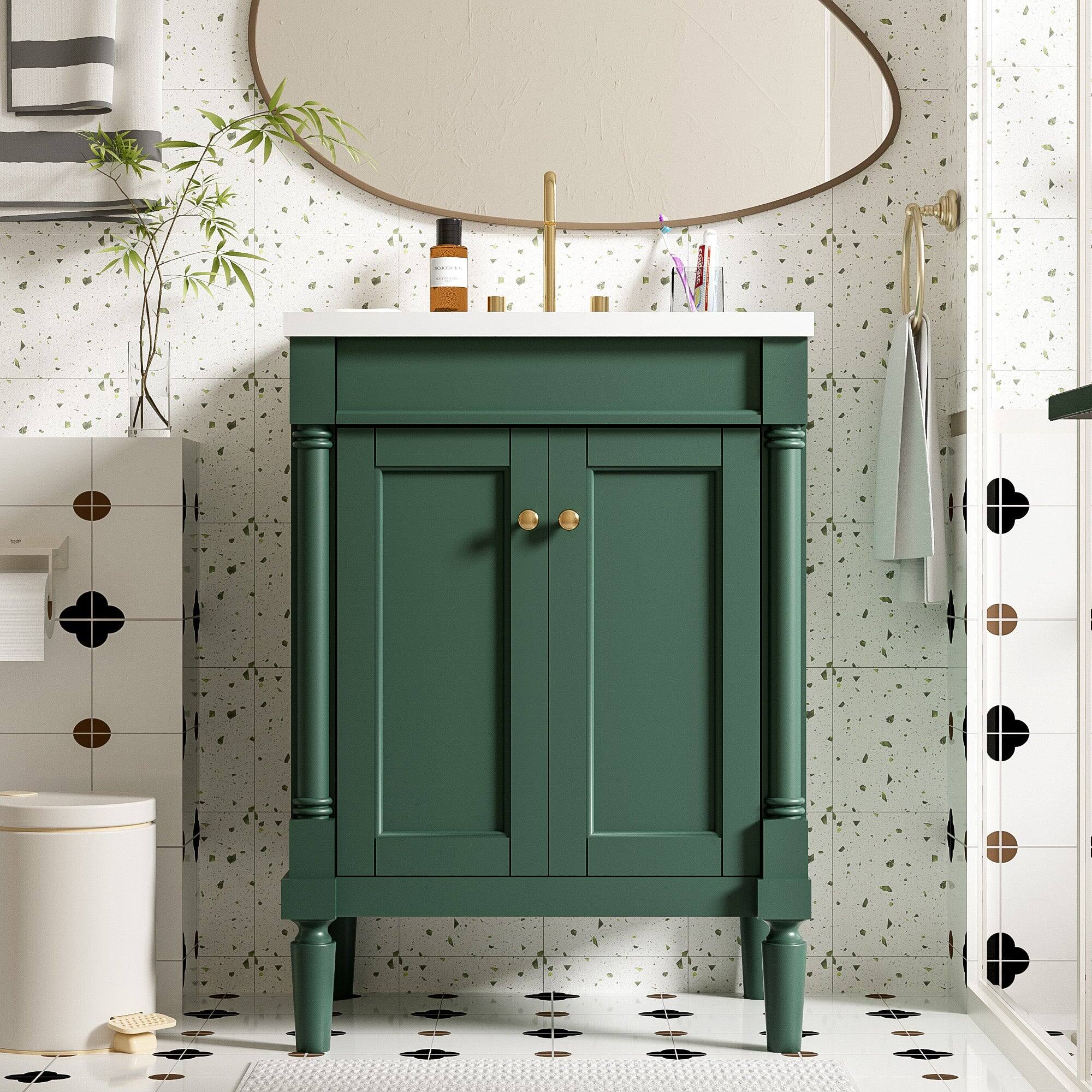 Alt View 1. Boyel Living - 24 Inch Bathroom Vanity Green with Ceramic Sink Solid Wood Frame Double Door Storage - Green.